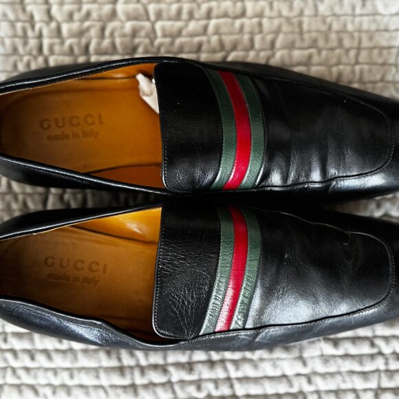 Authentic Gucci Green & Red Web Loafers Size 8.5 Iconic Designer Shoes